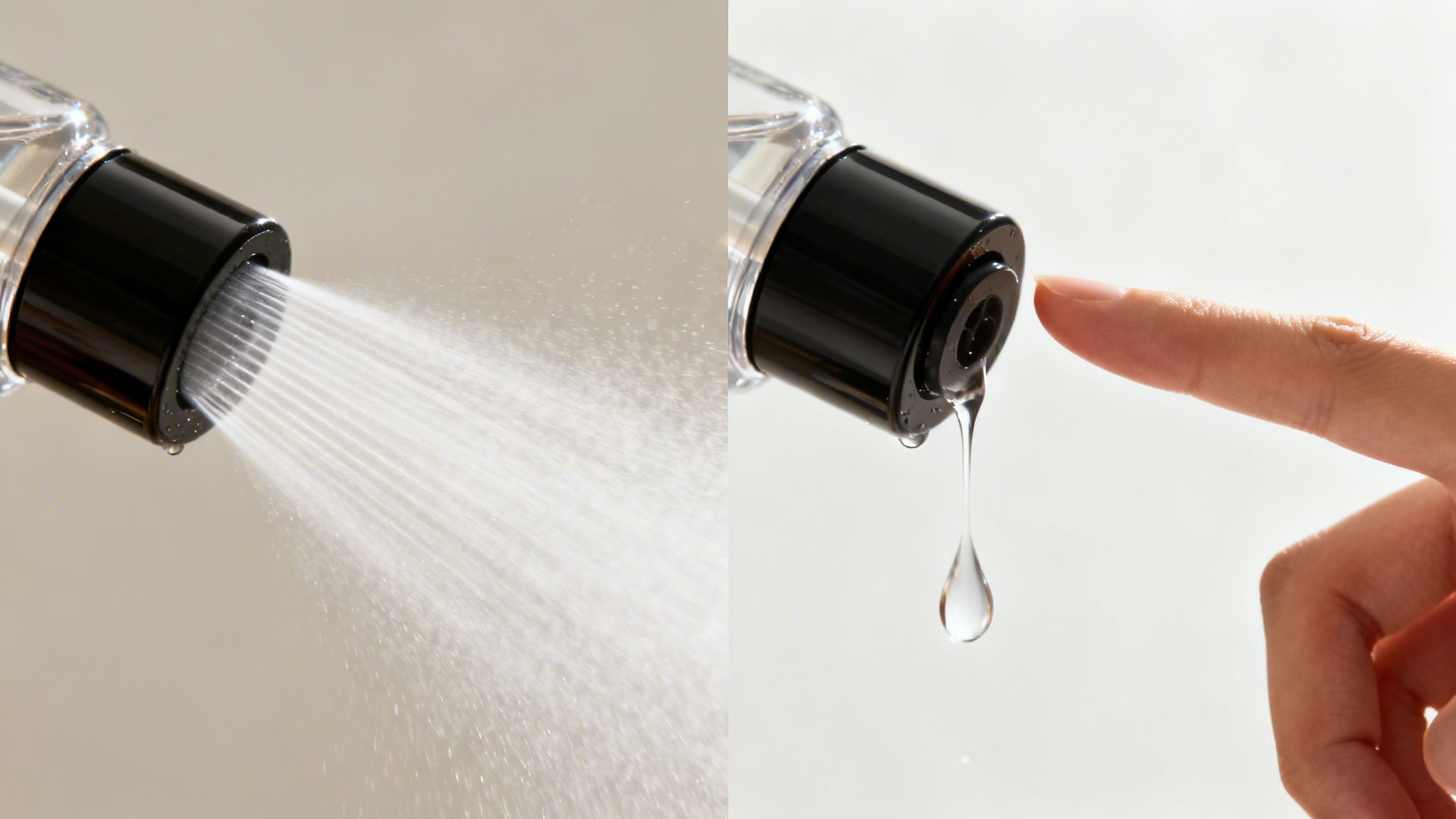 Close-up of a nozzle spraying water mist and dripping liquid touched by a finger.