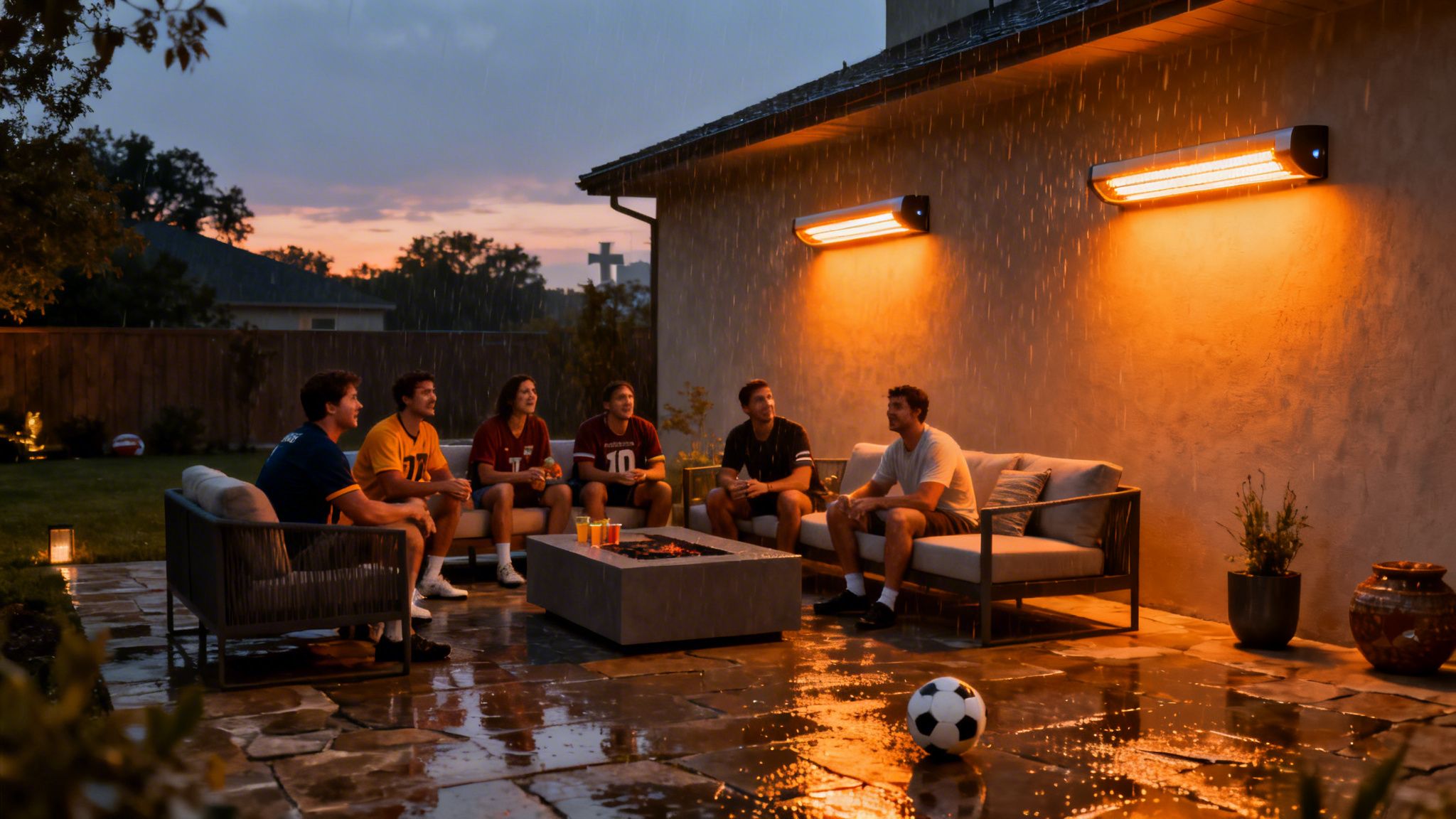 A group of friends enjoys a rainy evening on a patio with outdoor heaters and a fire pit.