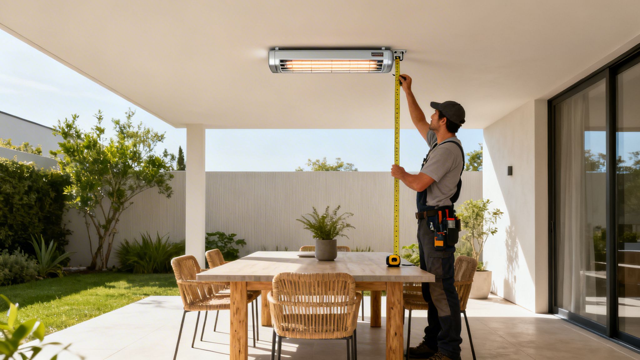 A worker measures a ceiling-mounted silver outdoor patio heater above a dining table on a sunny terrace.