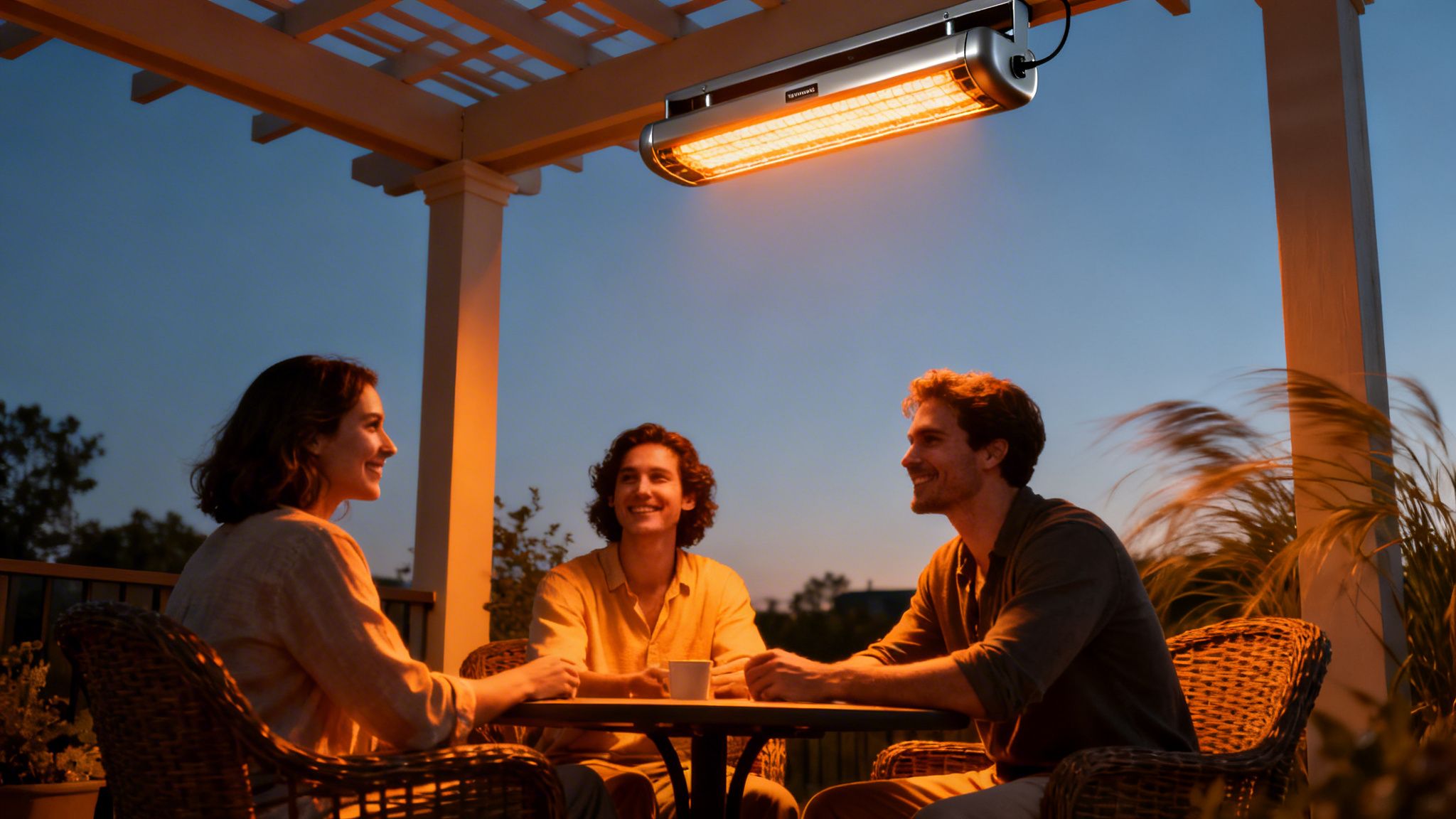 Three happy friends enjoy a warm evening outdoors on a patio under a glowing overhead heater.