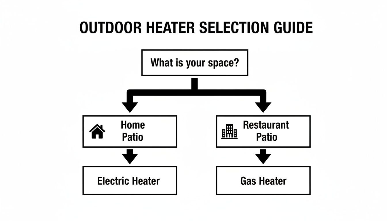 Flowchart for selecting an outdoor heater: electric for home patios, gas for restaurant patios.
