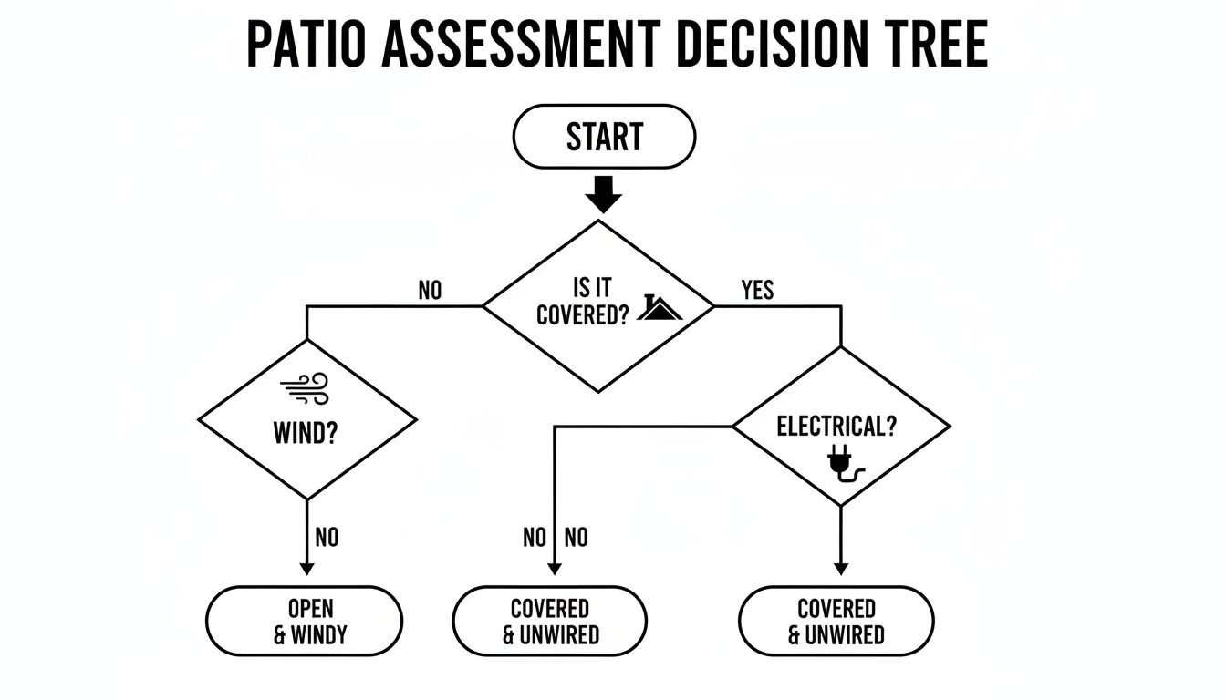 Decision tree flowchart for patio assessment, classifying patios as open, covered & unwired, or covered & wired.