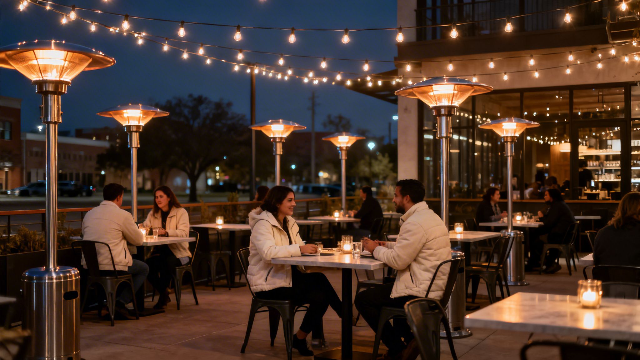 People enjoying outdoor dining on a restaurant patio at night with patio heaters and string lights.