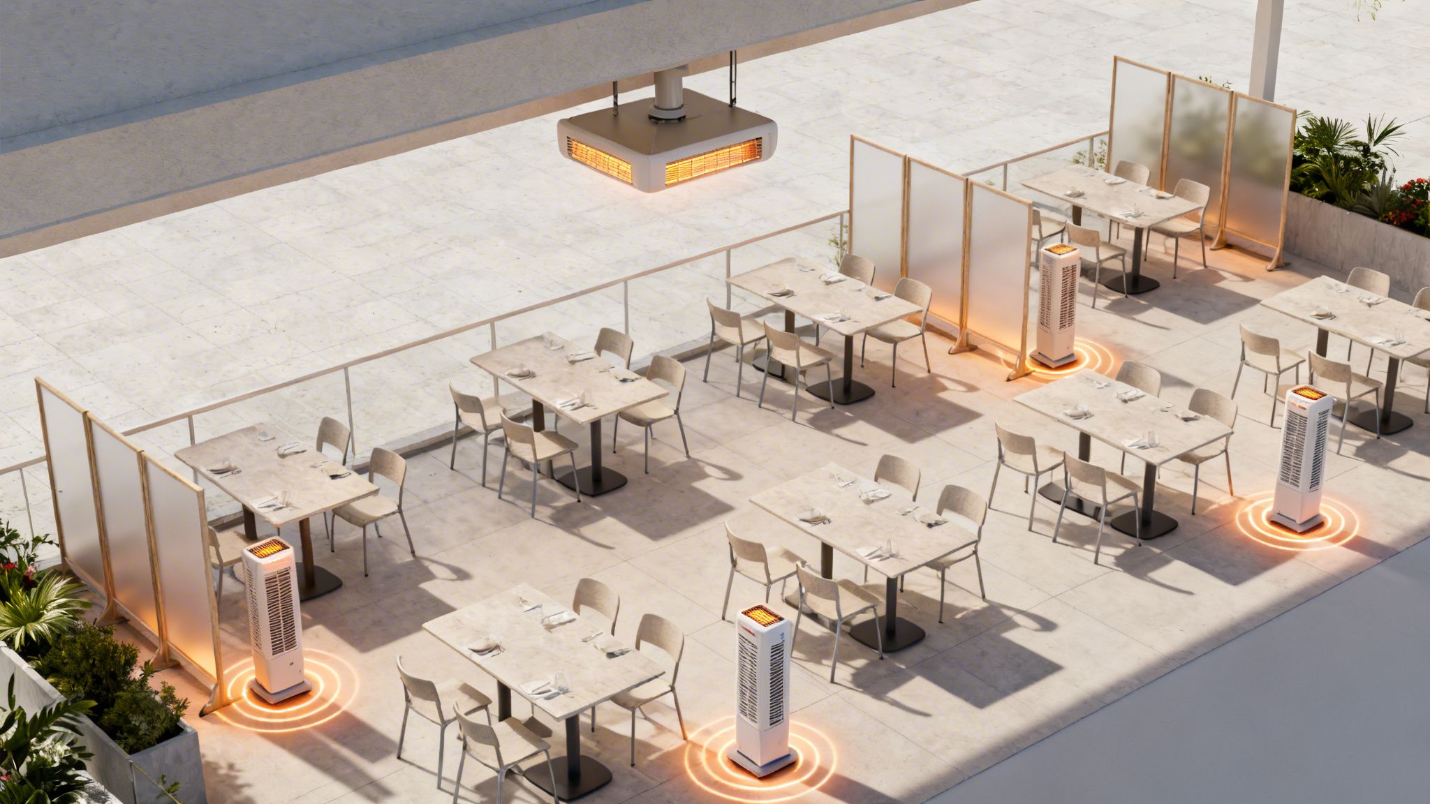 Aerial view of an outdoor restaurant patio with dining tables, chairs, and multiple active heaters.