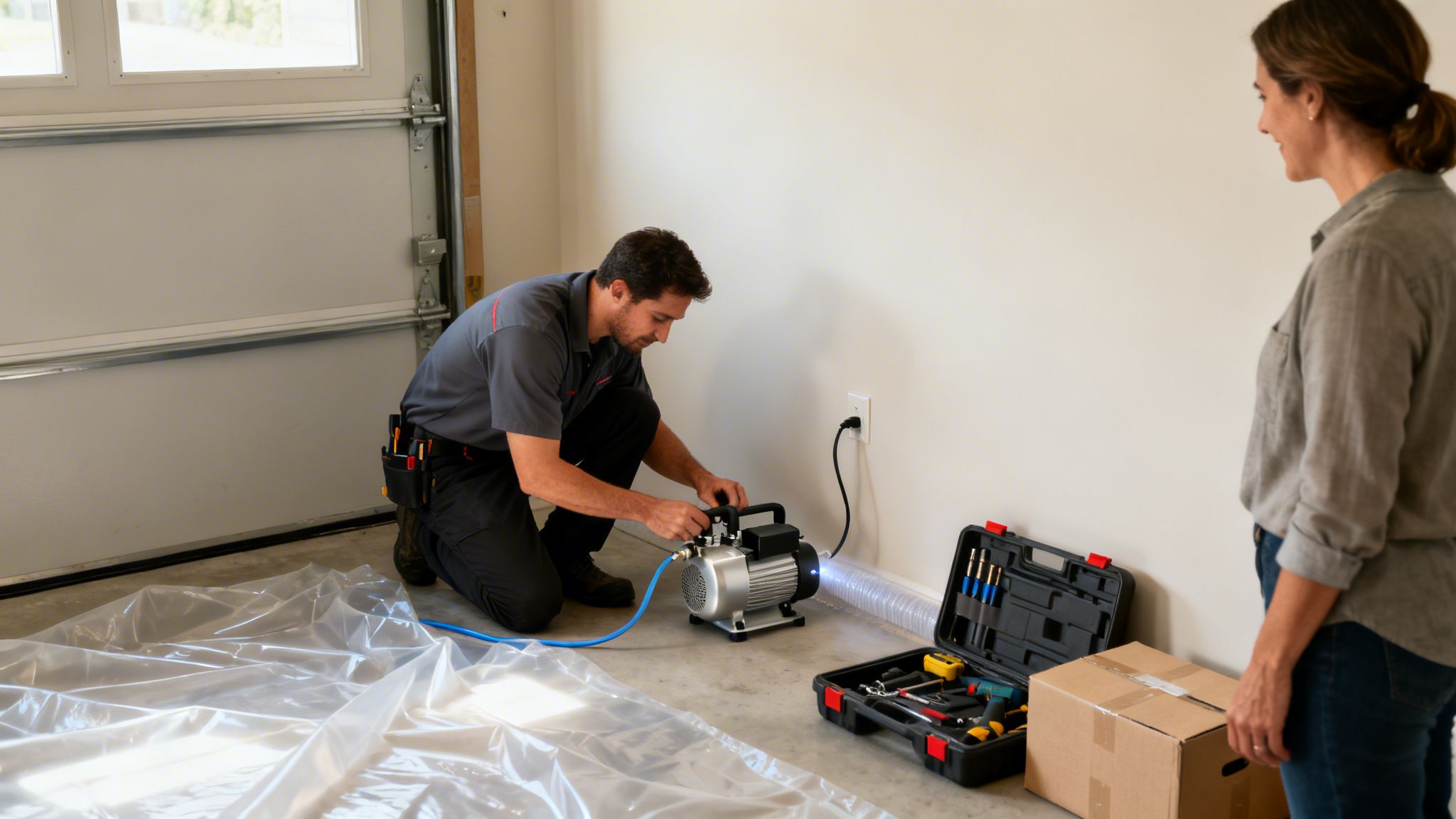 A service technician in a garage connecting a pump to a wall, while a woman observes.