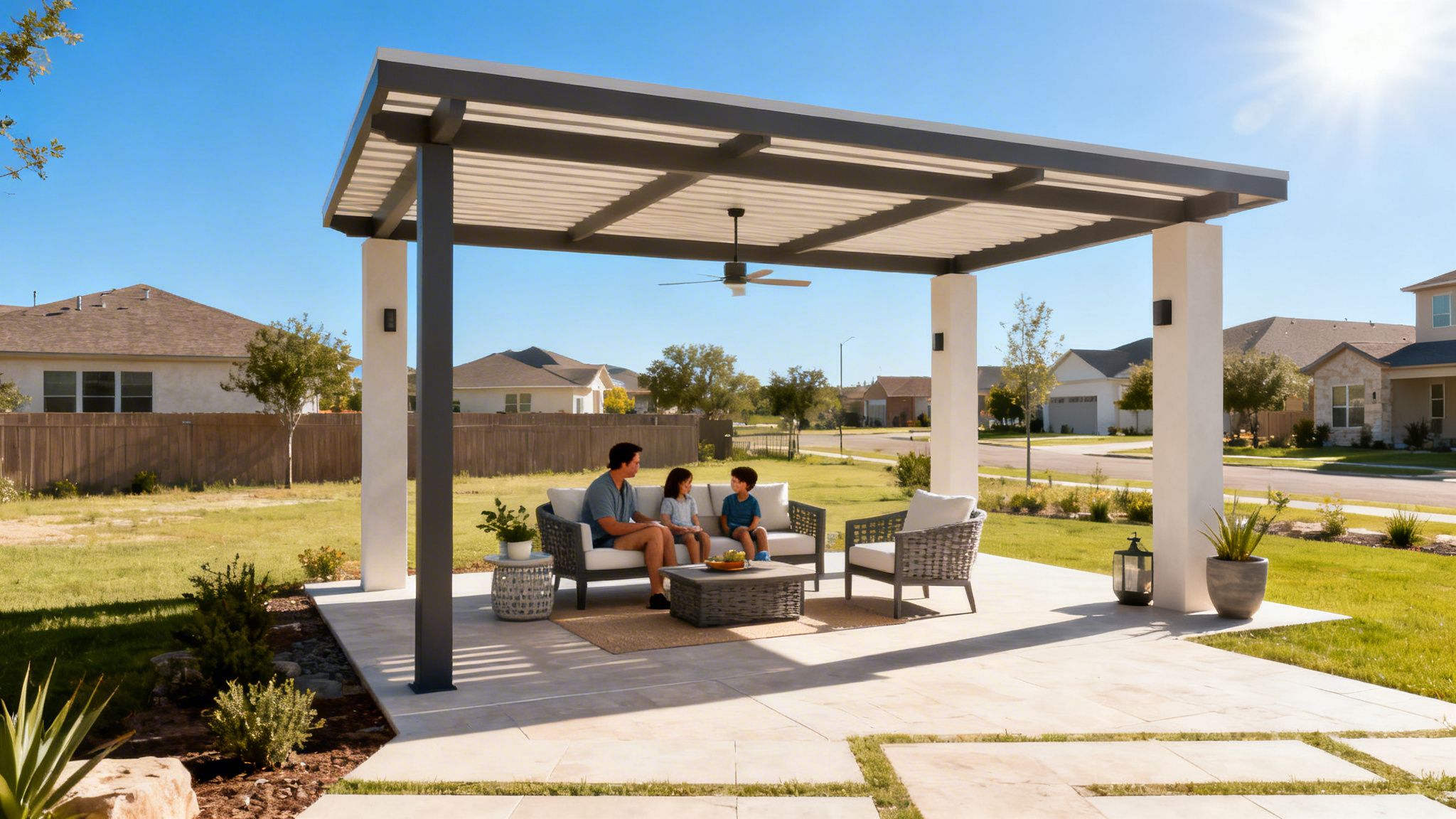 Family enjoying a sunny day on a modern patio with a pergola and outdoor furniture.