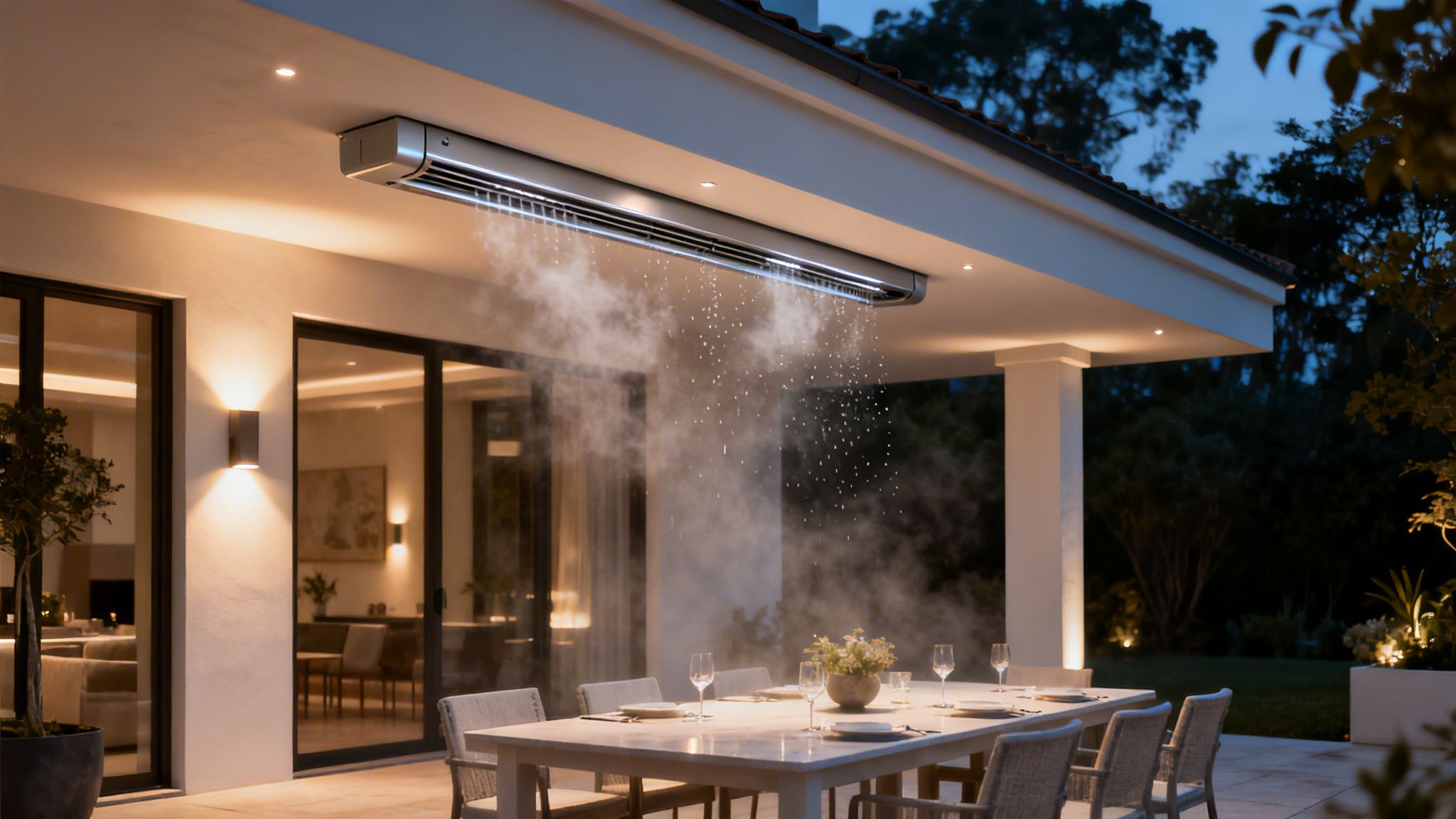Stylish outdoor patio at dusk with a misting cooling system above a set dining table.