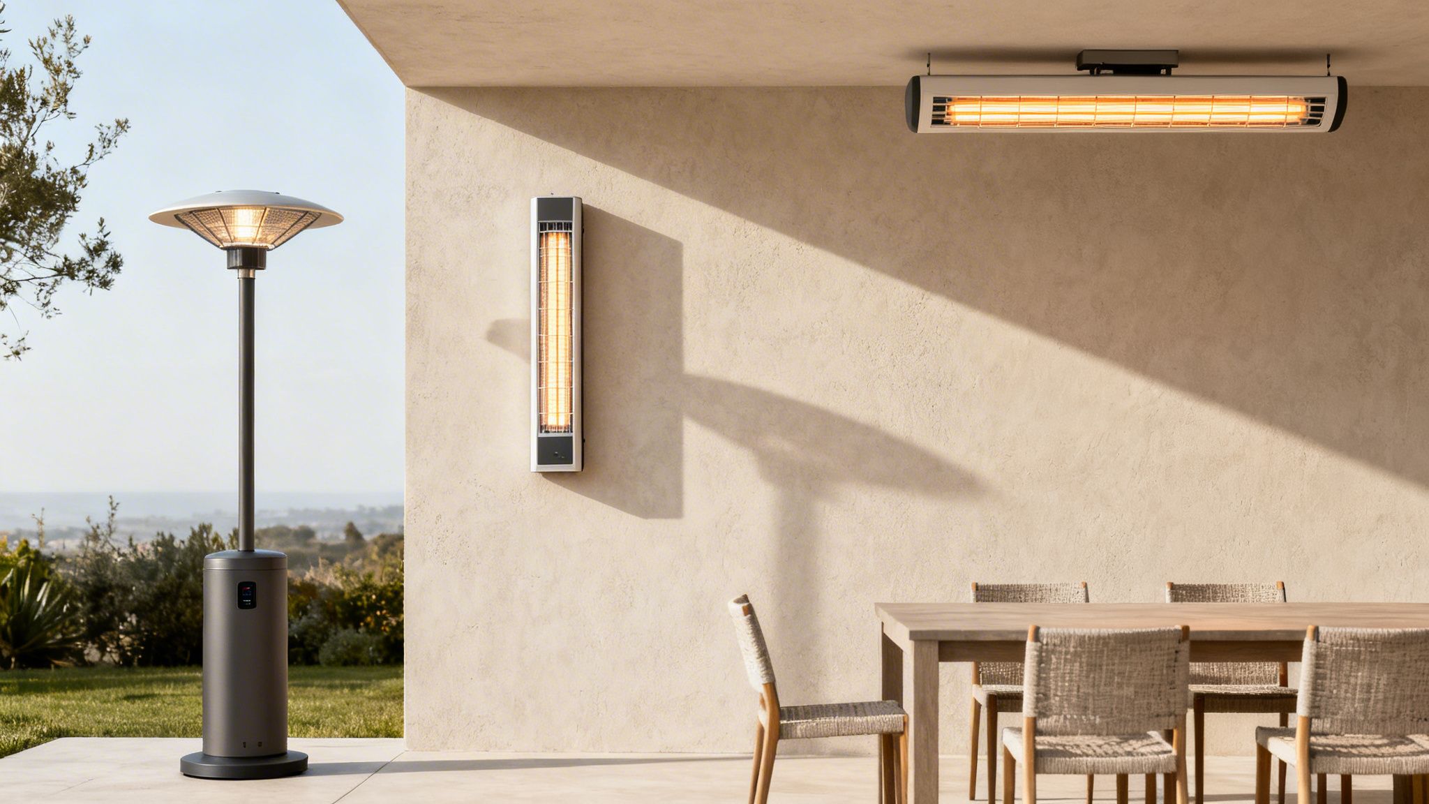 Modern outdoor patio with a freestanding lamp heater, wall and ceiling electric heaters, and dining furniture.