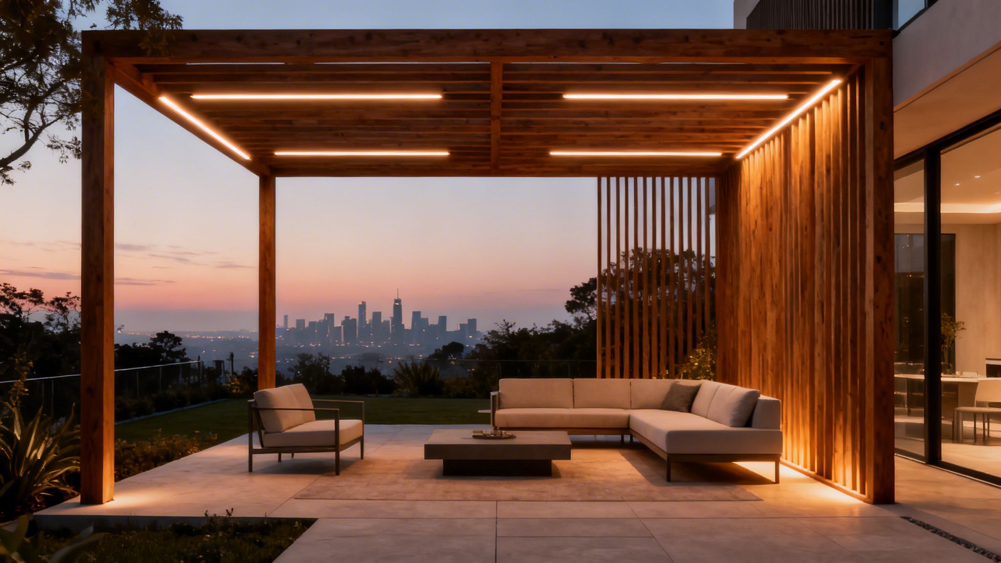 Modern outdoor patio with a lit wooden pergola, lounge furniture, and city skyline at sunset.